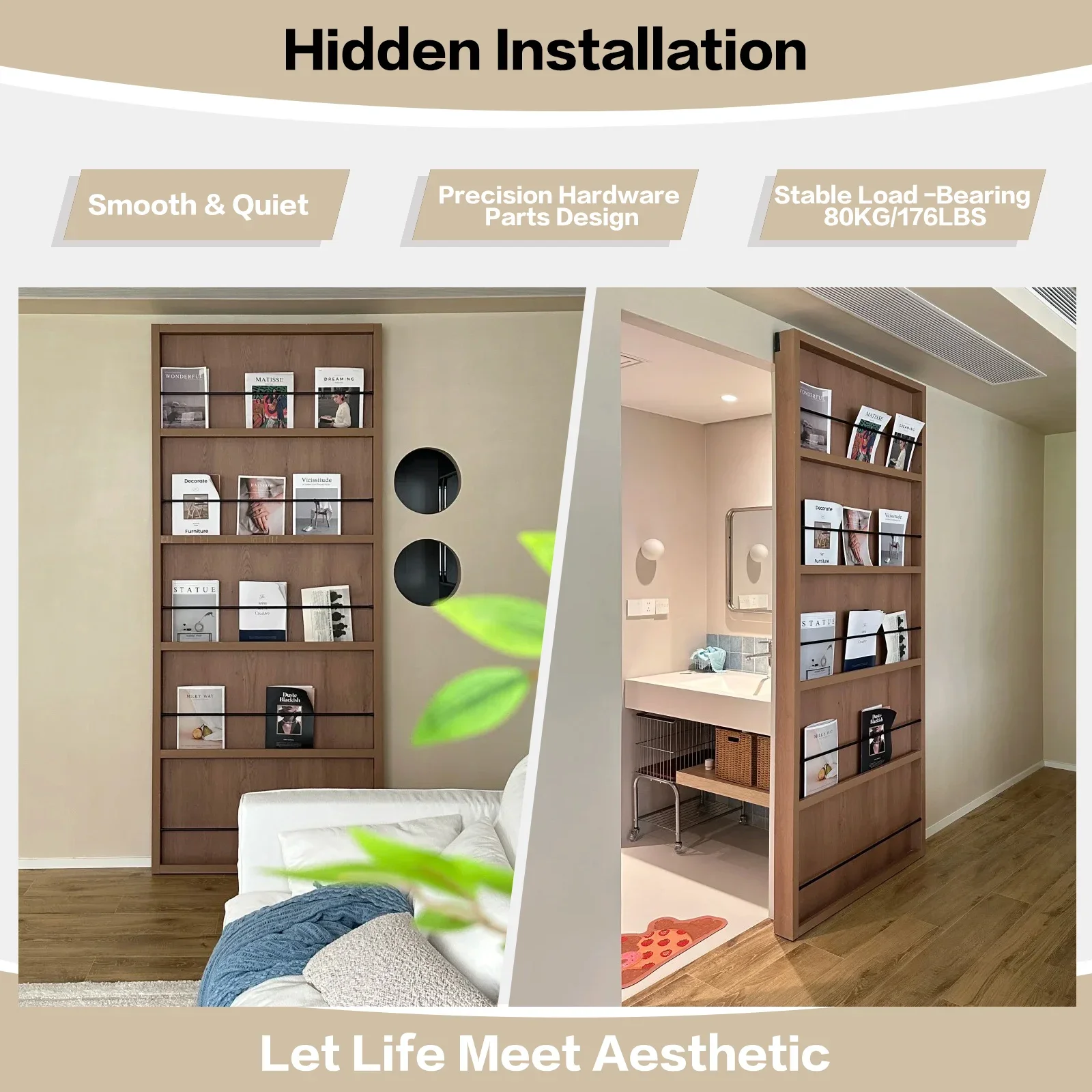 Ghost Door Hardware Kit With Bidirectional Buffer Damping For Trackless Invisible Sliding Wood Door Modern Smooth Hanging System