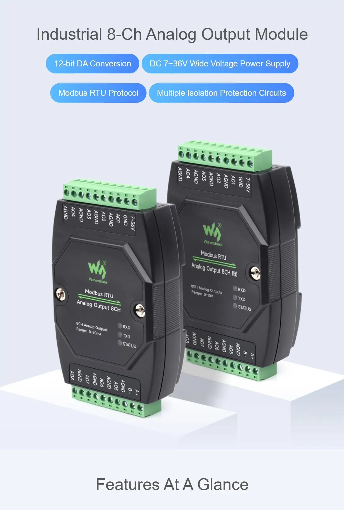 RS485 Modbus RTU بروتوكول الصناعية 8 قنوات وحدة الإخراج التناظرية 12 بت DA تحويل الجهد المتزامن أو الإخراج الحالي