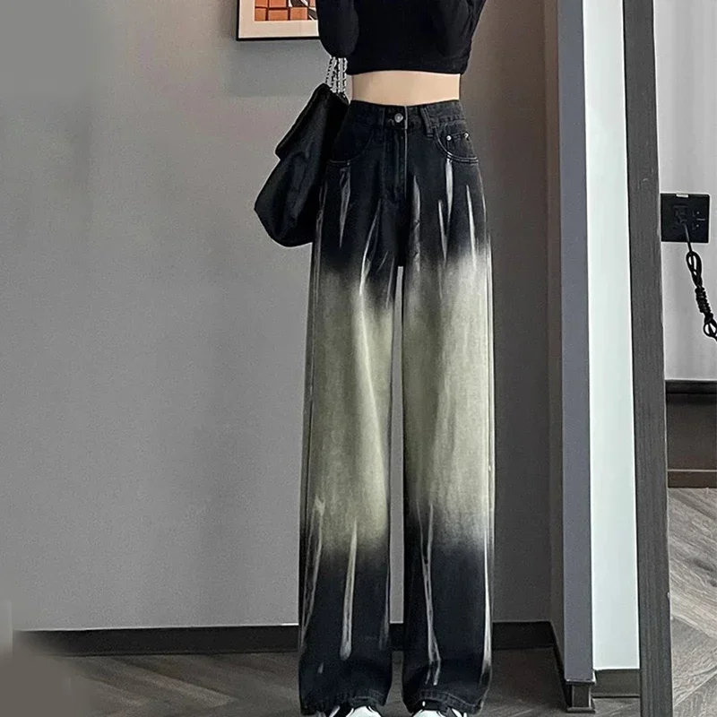 

Нишевые стильные прямые джинсы с принтом тай-дай, женские корейские модные свободные широкие длинные джинсовые брюки, новые универсальные узкие брюки с высокой талией