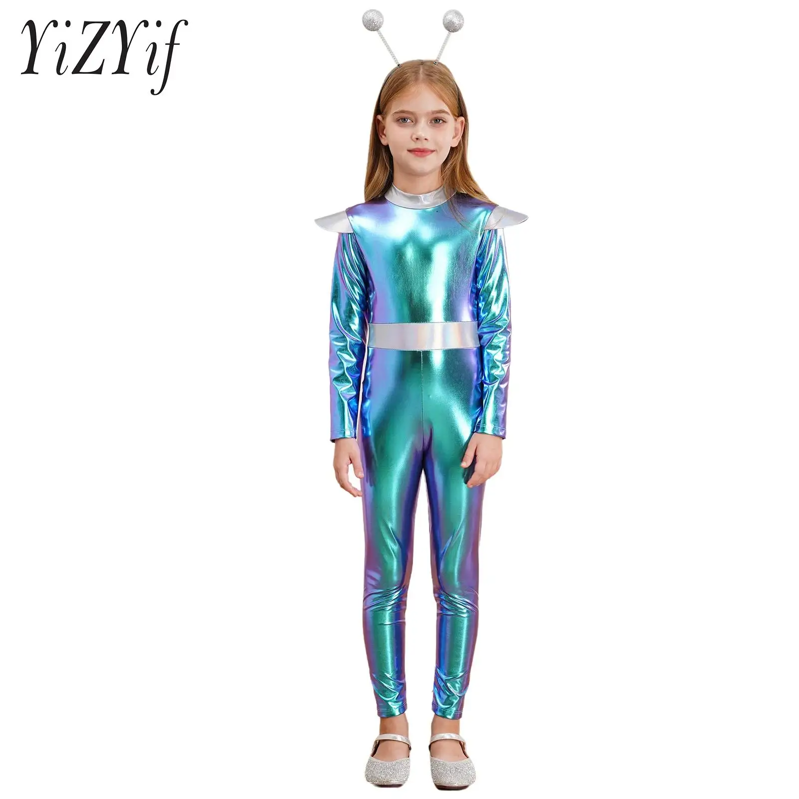 Kids Unisex Alien Cosplay Costume Long Sleeve Shine PU Bodysuit with Alien Hair Hoop Halloween Dress Up Party Costume