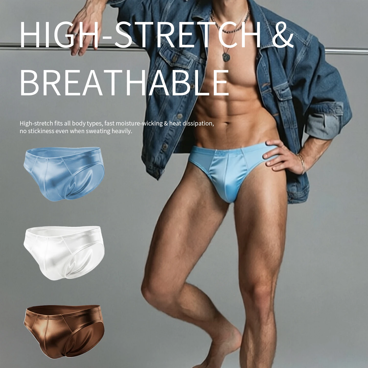3PCS Men’s Briefs Smooth Shiny Satin Sexy Low Waist Bulge Pouch Butt Lifting Soft Fashion Male Underwear