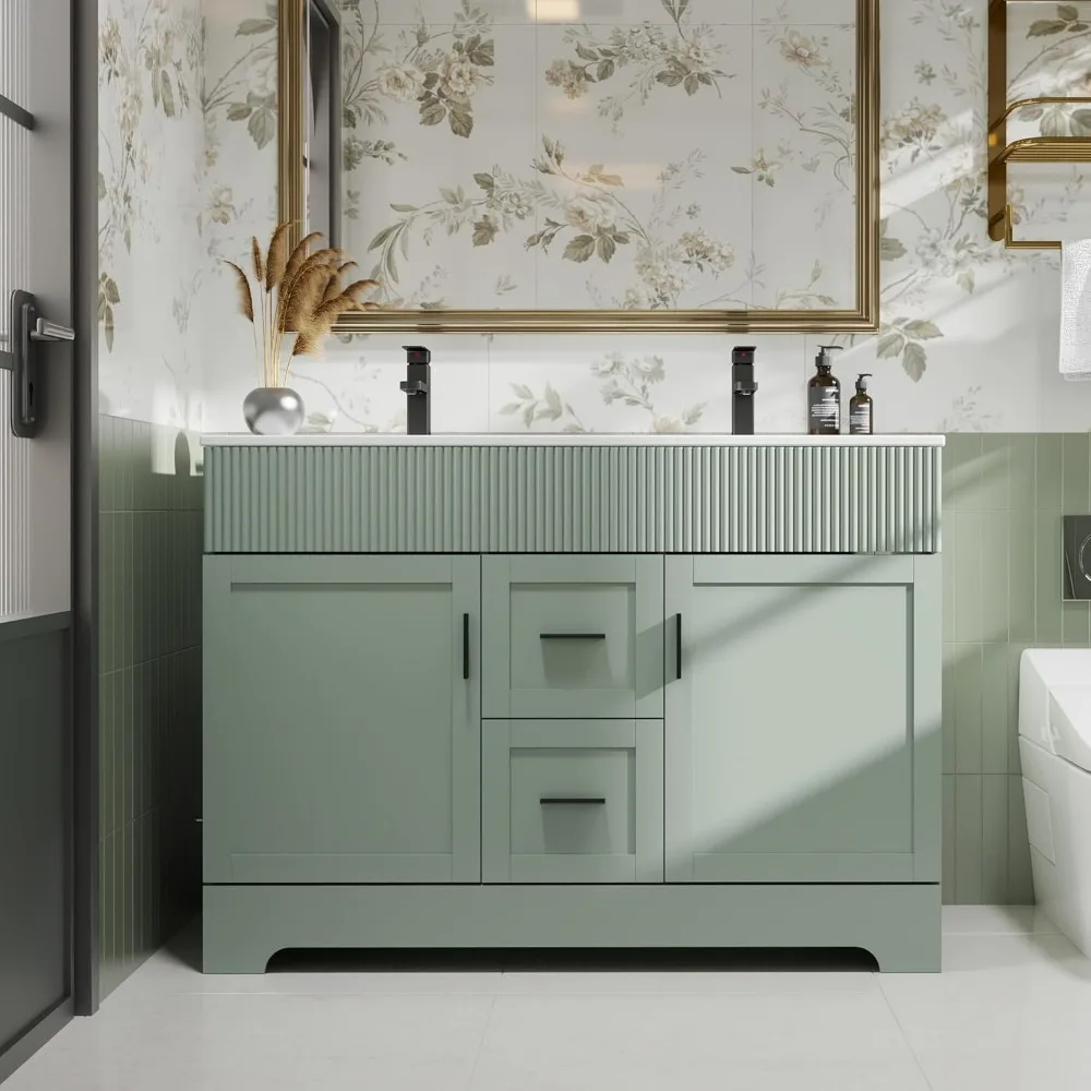 48"  with Updated Painted Surface, Modern Cabinet w/Wave Lines, Undermount Double Resin Sink w/Matte Black Faucet Drain, Green