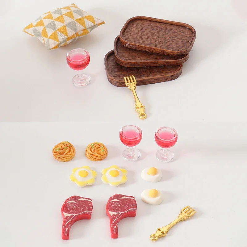 1 مجموعة دمية مقلد ستيك النبيذ الأحمر الزجاج المعكرونة عدة نموذج دمية المطبخ الغذاء الديكور لعبة الدمى اكسسوارات المنزل
