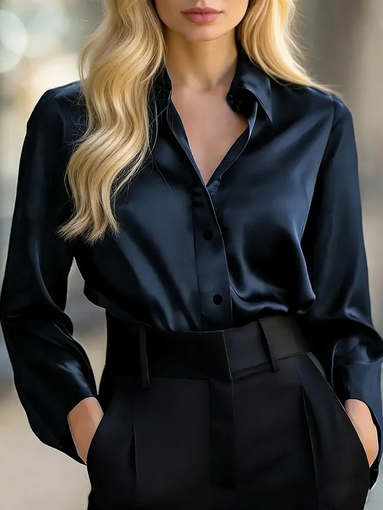 

Весенне-летние атласные женские рубашки с длинными рукавами, офисные женские однобортные женские блузки, элегантные свободные однотонные женские топы