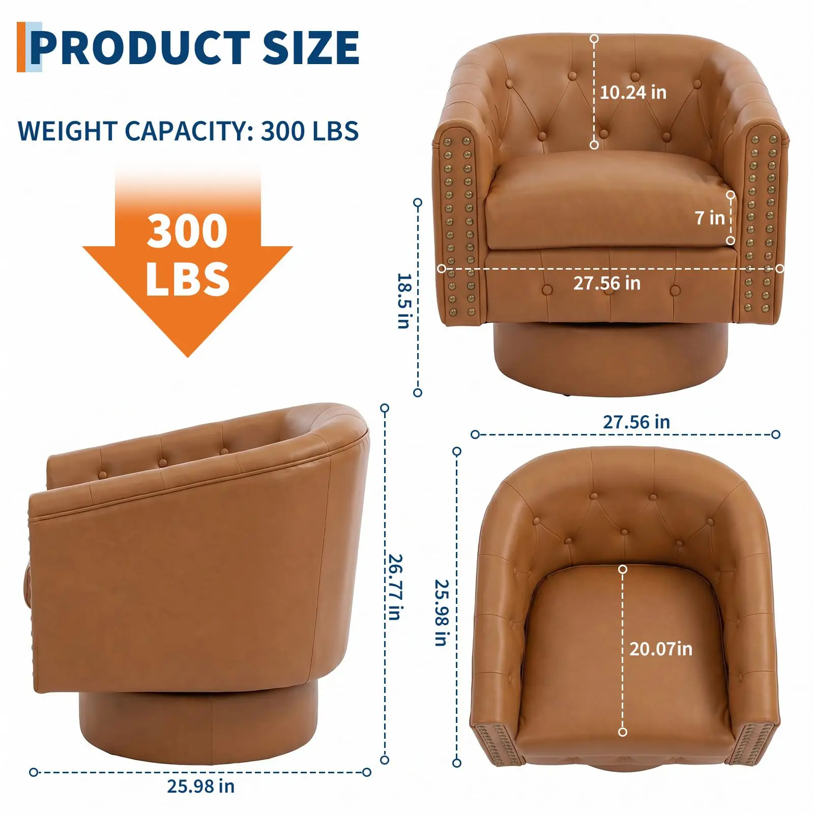 Swivel Barrel Accent Chair 360° Leather Lounge Armchair With Rivets, Curved Back Soft Cushion For Living Room Bedroom Office Use
