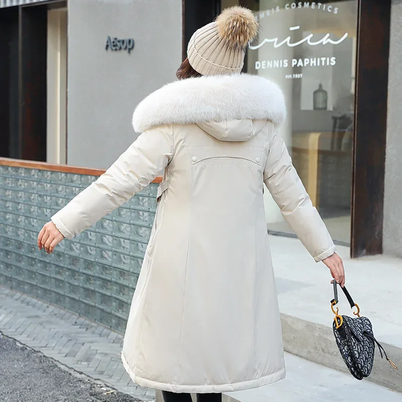 Double Sided Wearing Parker 2025 Winter New Women's Color Block Jacket Big Fur Collar Hooded Coat Female Zipper Pockets Overcoat