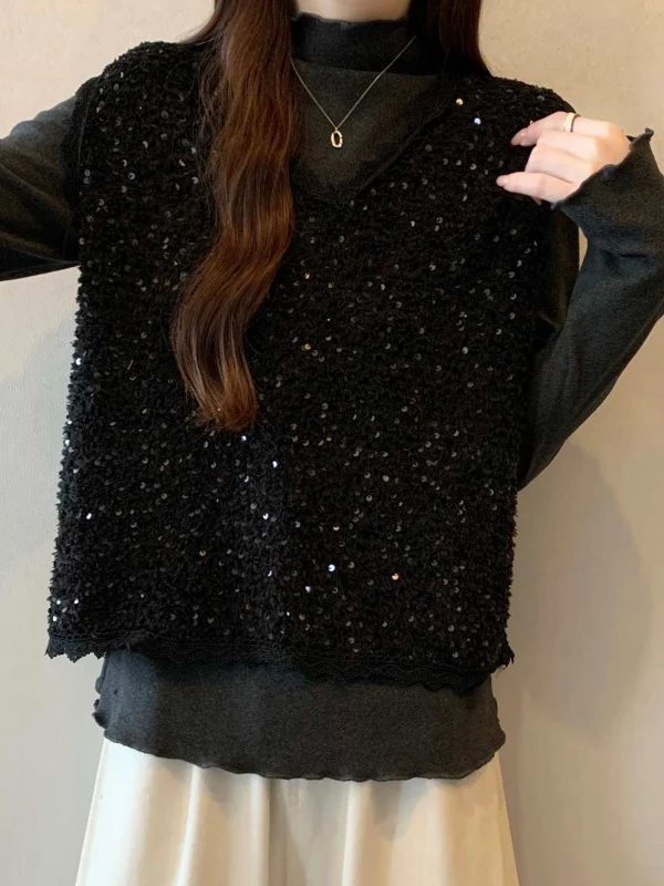 Fall 2026 New plus Size Black Shiny Sequin Vest Top Half High Collar Base Layer Shirt Two Piece Set Overlap Wear Women's Jacket
