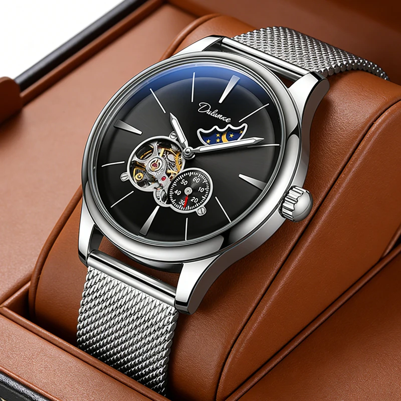 Herrenuhr mit Edelstahlarmband, mechanische Automatikuhr mit hohlem Zifferblatt, wasserdicht, leuchtend, für Männer