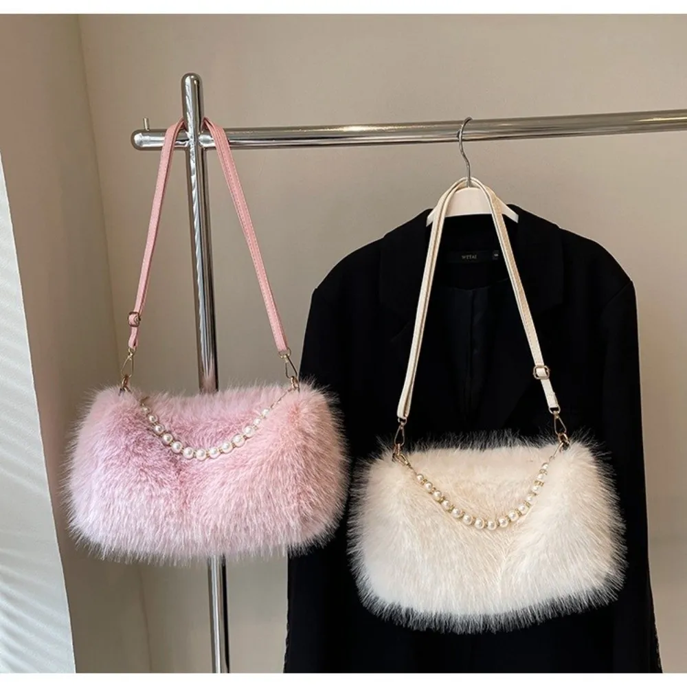 

Luxury Faux Fur Shoulder Bag Soft Solid Color Handbag Zipper Fluffy Crossbody Bag