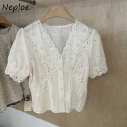 Neploe Fashion Lace Embroidery Hollow Out V-neck Blouses 2024 Summer New Shirts Women Y2k Puff Sleeve All-match Tops Mujer