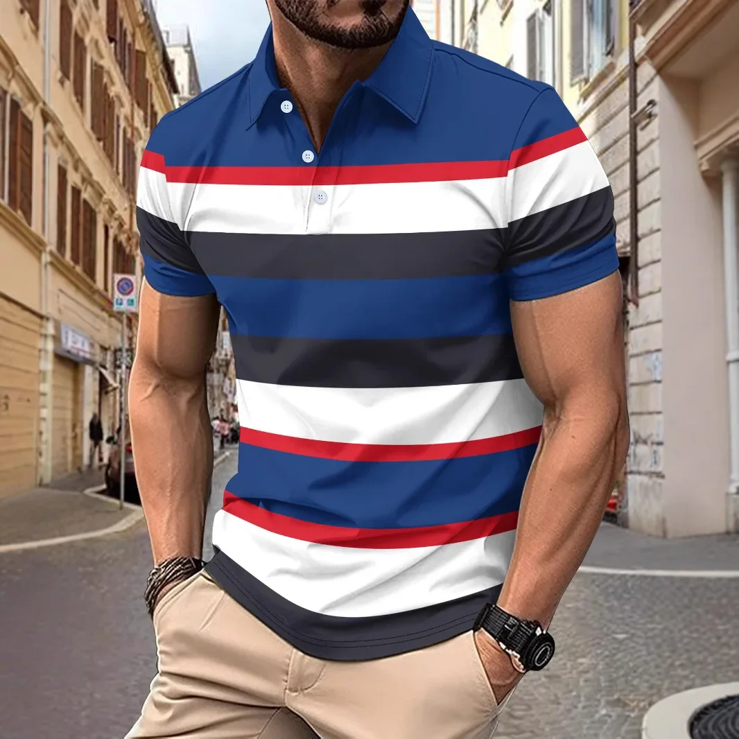 LIBIELIY New Summer Men's Striped Polo Shirts Fashion Lapel Button Short Sleeve Sports Polos Classics Business Casual Tops Male