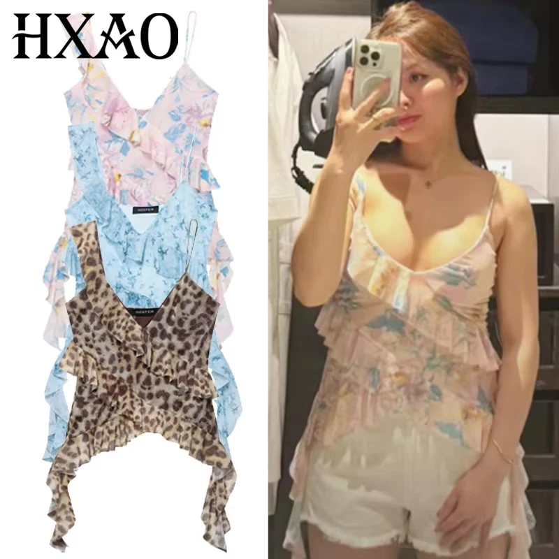 HXAO 2025 Women Tulle Print Top Summer Cropped Tanks & Camis Ruffled Sleeveless Camisole Top Leopard Mesh Layered Backless Tops