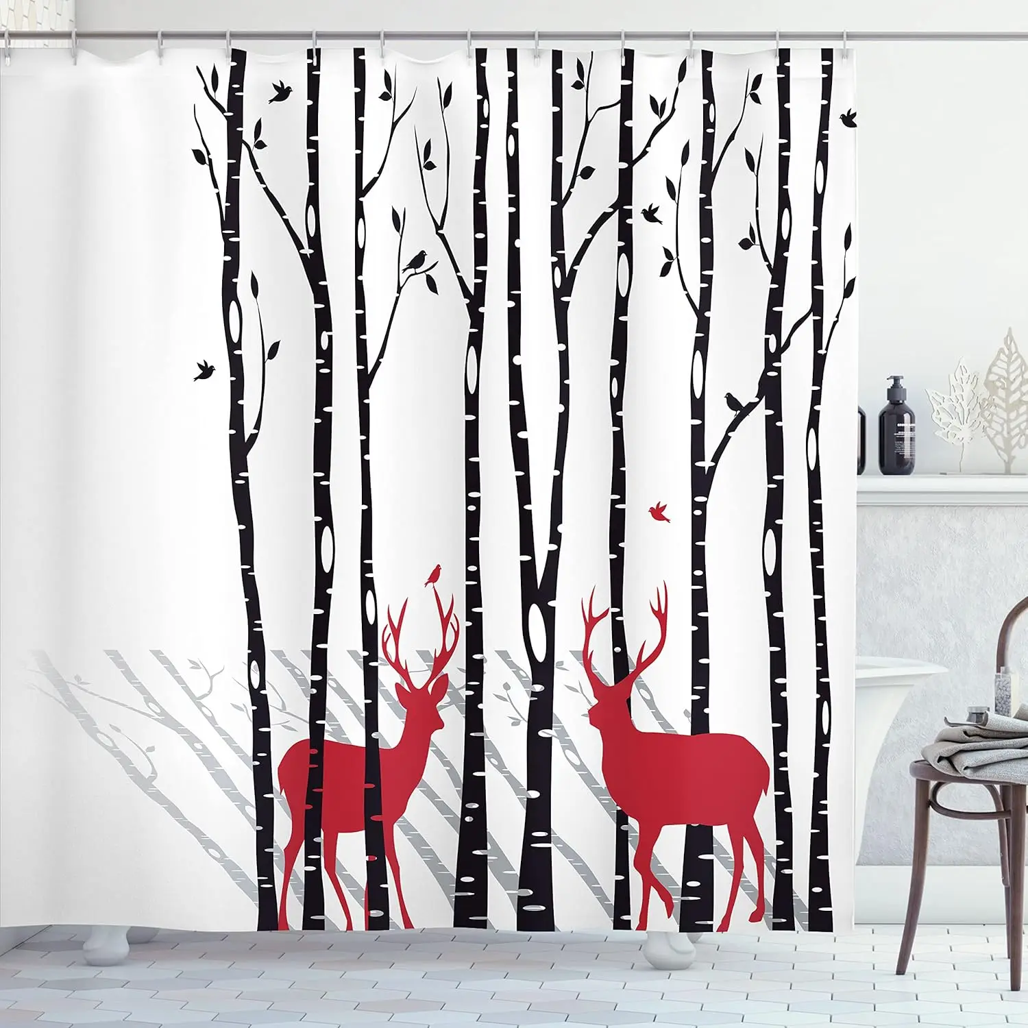 

Modern Wildlife Shower Curtain With Red Deer and Birch Trees Minimalist Nature Art Waterproof Fabric Nordic Style Bathroom Decor