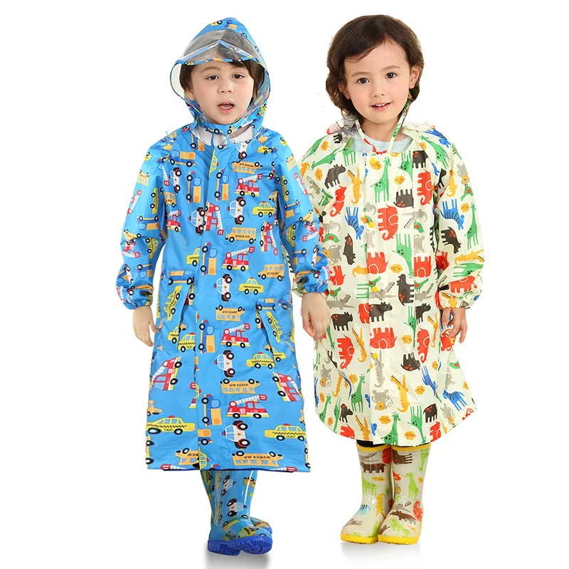 85-140cm Kids Polyester Children Boys Girls Cartoon Hoodies Raincoat Primary School Rainwear Kid Students Poncho With Hat