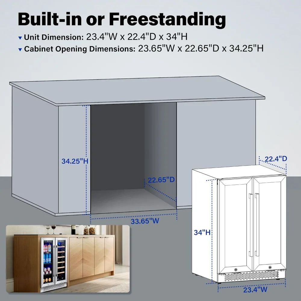 Frigorifero per vino e bevande, 24 pollici 60 lattine e 20 bottiglie refrigeratore per vino a doppia zona con porta in vetro e rack rimovibili