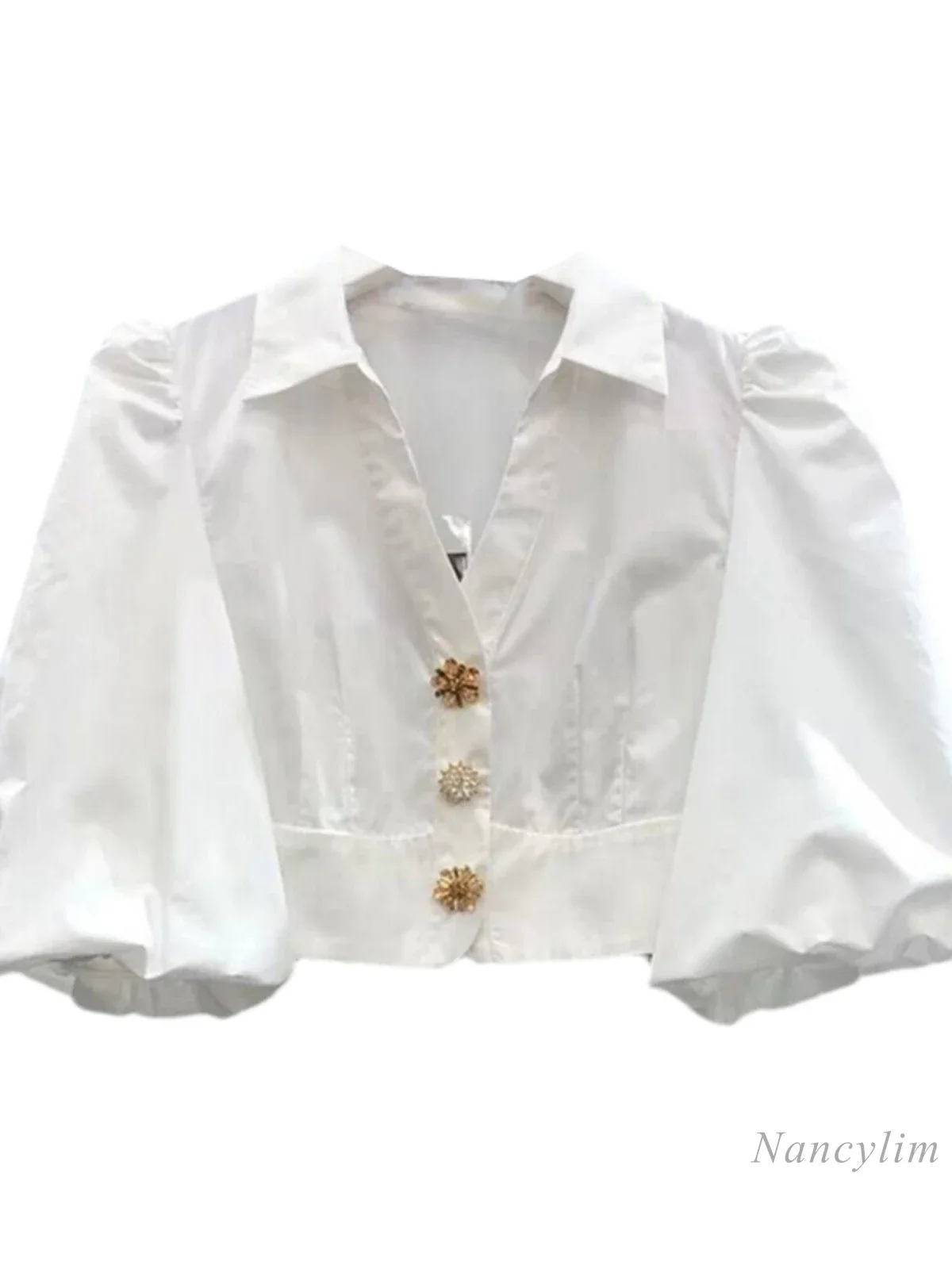 French Style Short Blouse Ladies Three-grain Diamond Buckle High-waisted Short Bubble Sleeve Shirt Summer Niche Temperament Top