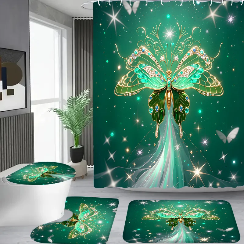 

4pcs Sparkler green pattern, Apartment bathroom, Shower Room shower curtain, hotel shower curtain set, with 12 hooks, bathro