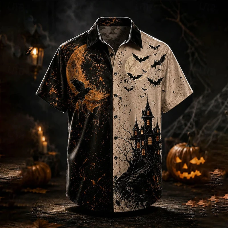 2026 Halloween Men's Short-Sleeve Shirt with Pumpkin and Bat Print Casual Loose-Fit Holiday and Vacation Shirt Stylish Men's Top