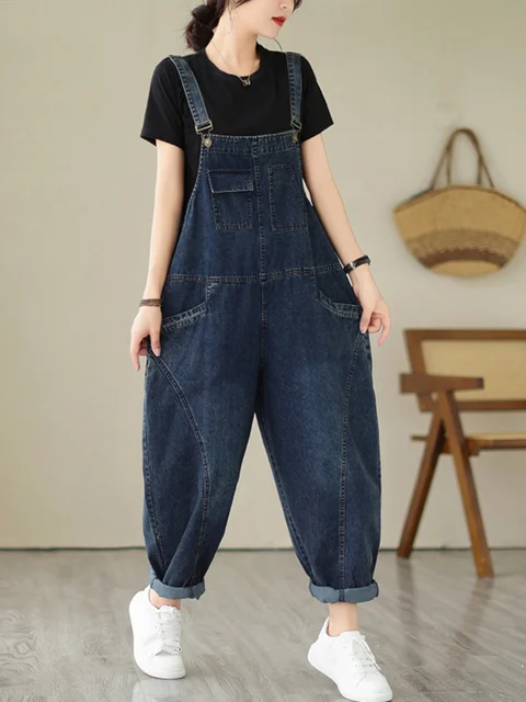 Fall Women's Loose Jeans Overalls Deep Blue High Waist Design Sensation plus Size Faion plus Size Women's Loose Slimming 4 Fall Women's Loose Jeans Overalls Deep Blue High Waist Design Sensation Plus Size Faion – view 4