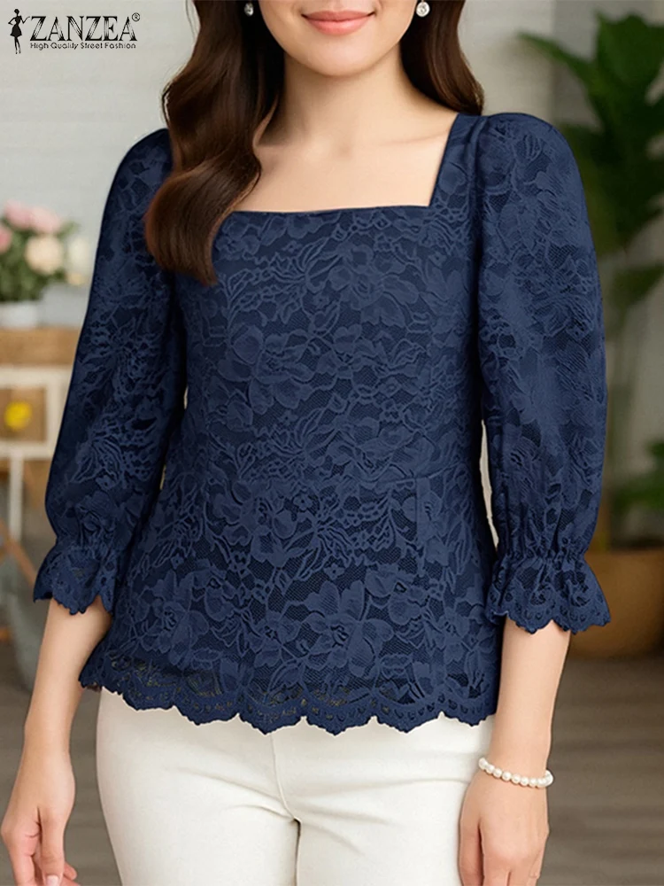 

ZANZEA Elegant Women Autumn OL Blouse Puff Sleeve Lace Tunic Top 2025 Fashion Casual Square Collar Office Lady Shirts Streetwear