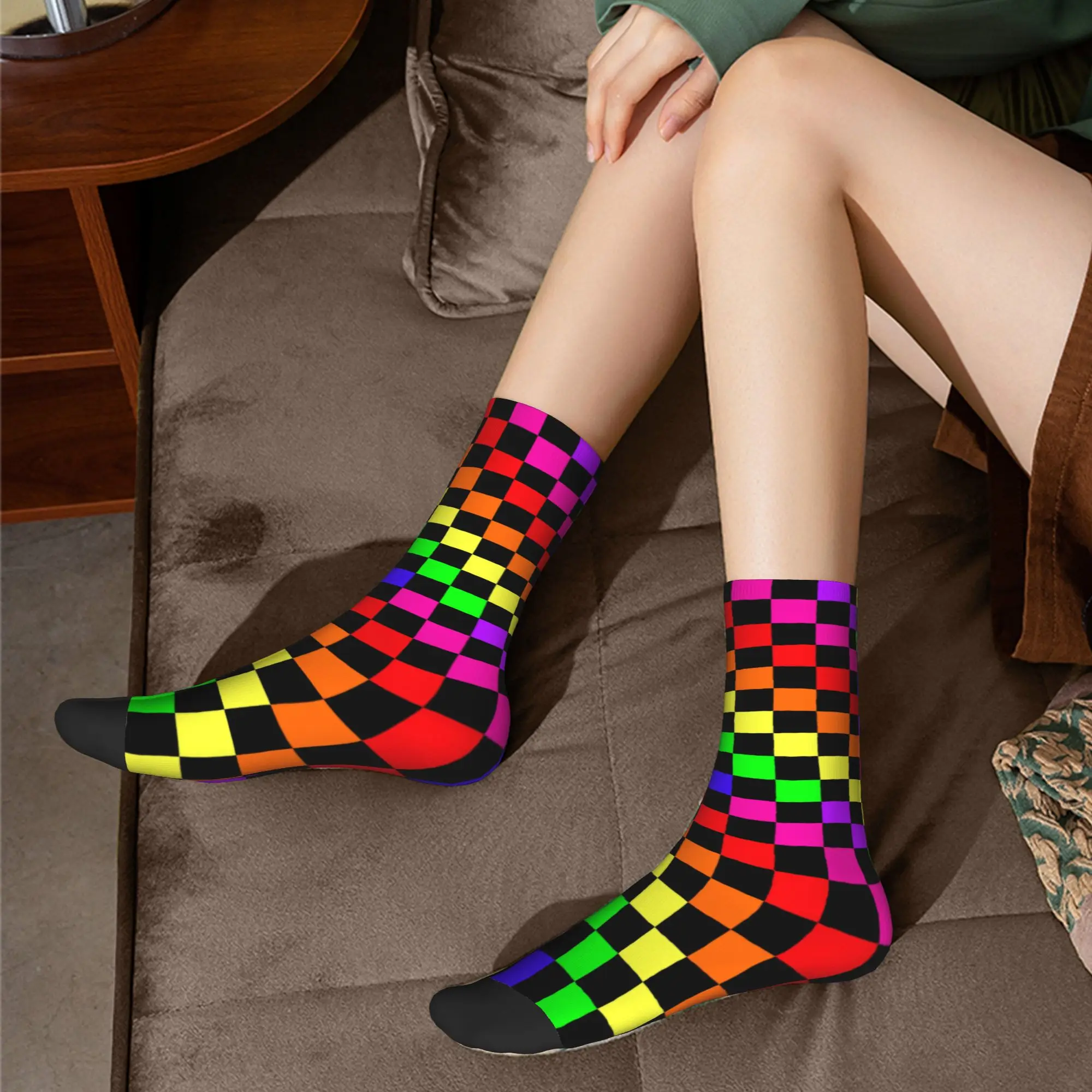 Черные носки с милым принтом в виде радужной шахматной доски для женщин и мужчин, эластичные летние, осенне-зимние носки в клетку тартан