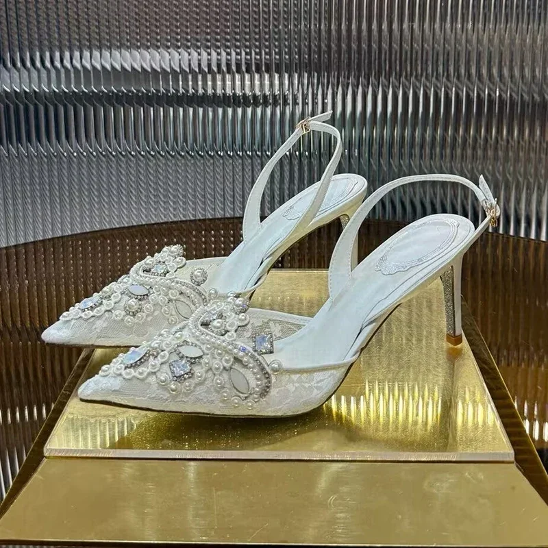 Scarpe da sposa per feste in rete di perle con strass Sandali con tacco alto moda donna Décolleté con punta a punta Sandali con tacco sottile estivo