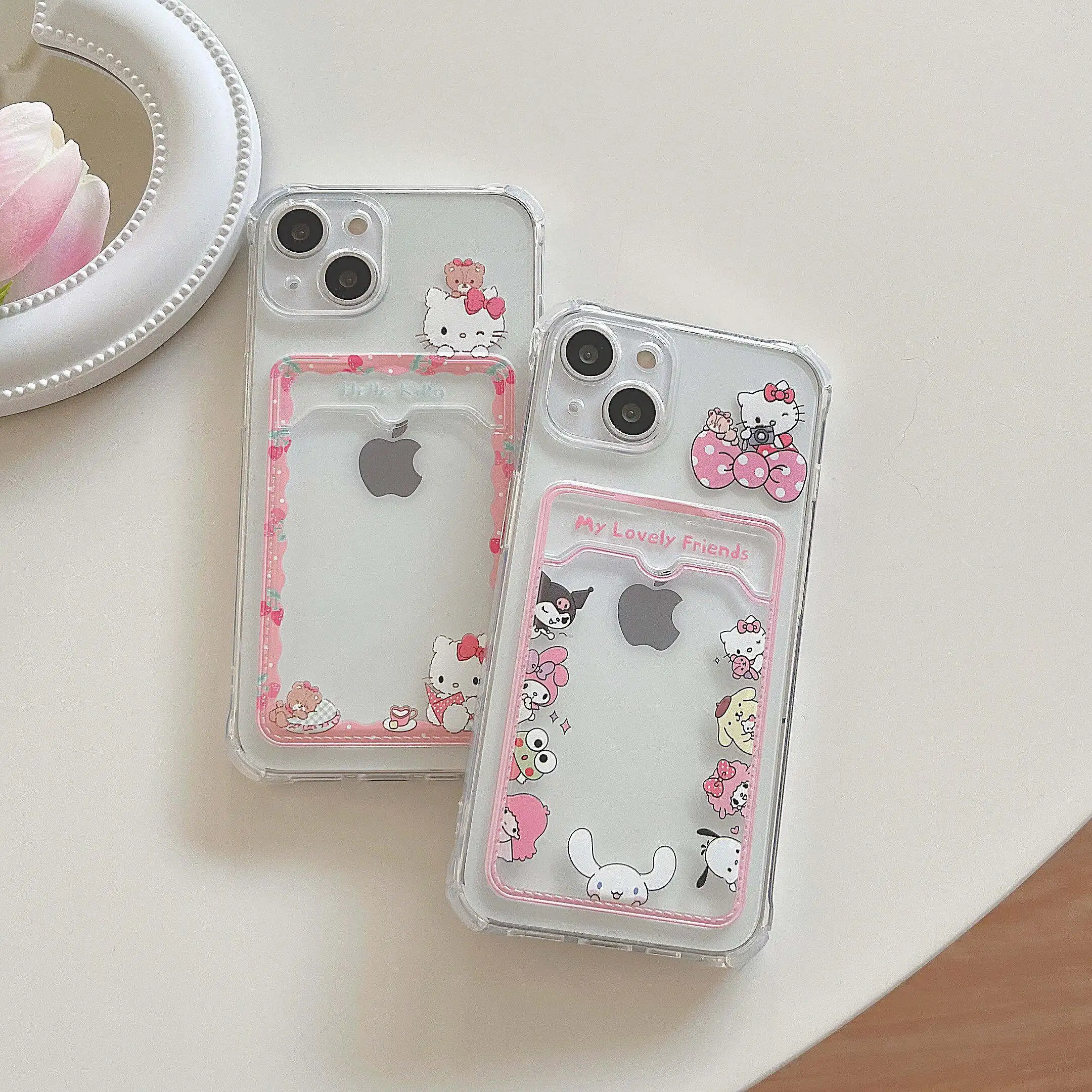 Cartoon Hello Kitty Little Twin Stars Photo Card Holder Wallet Case For iPhone 14 13 Pro Max 12 11 XR XS X 7 8 Plus Pink Cover