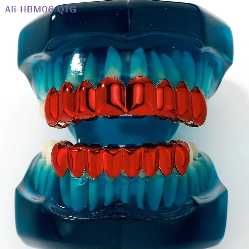 [New] Red Mirror Hip Hop Grillz Set 8 Teeth Top Bottom Grills Y2K Party Cosplay Teeth Halloween Jewelry Men Women