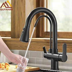 Quyanre-Grifo para fregadero de cocina, accesorio con filtro para el agua, rotación de 360 grados, caño extraíble y disponible en color negro mate