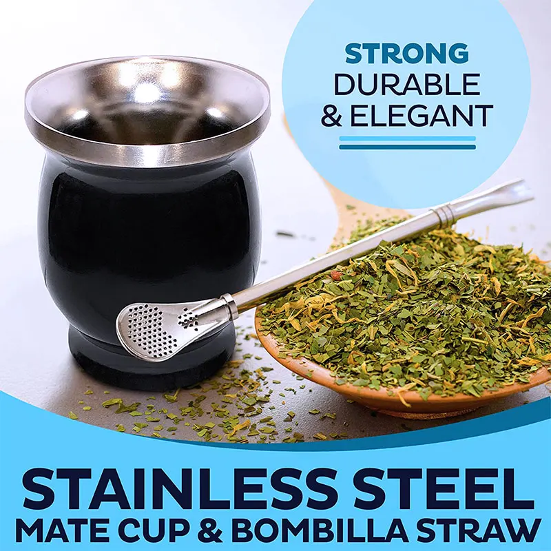 Walfos 1Pcs Natural Gourd Tea Cup Set 8 Ounces Bombillas Yerba Mate Straw Cleaning Brush Stainless Steel Double-Walled Milk Mug