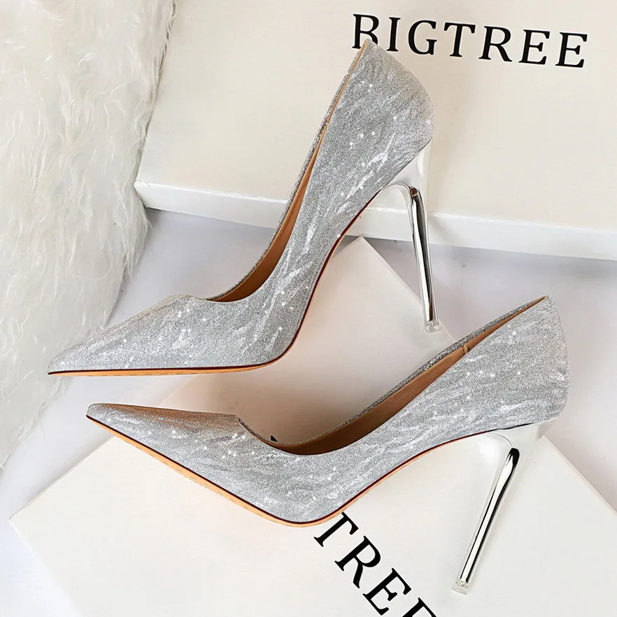 

luxury New Women's Thin High Heels Shallow Mouth Pointed Shining Sexy Slim Night Club classic pumps Single ladies Wedding shoes