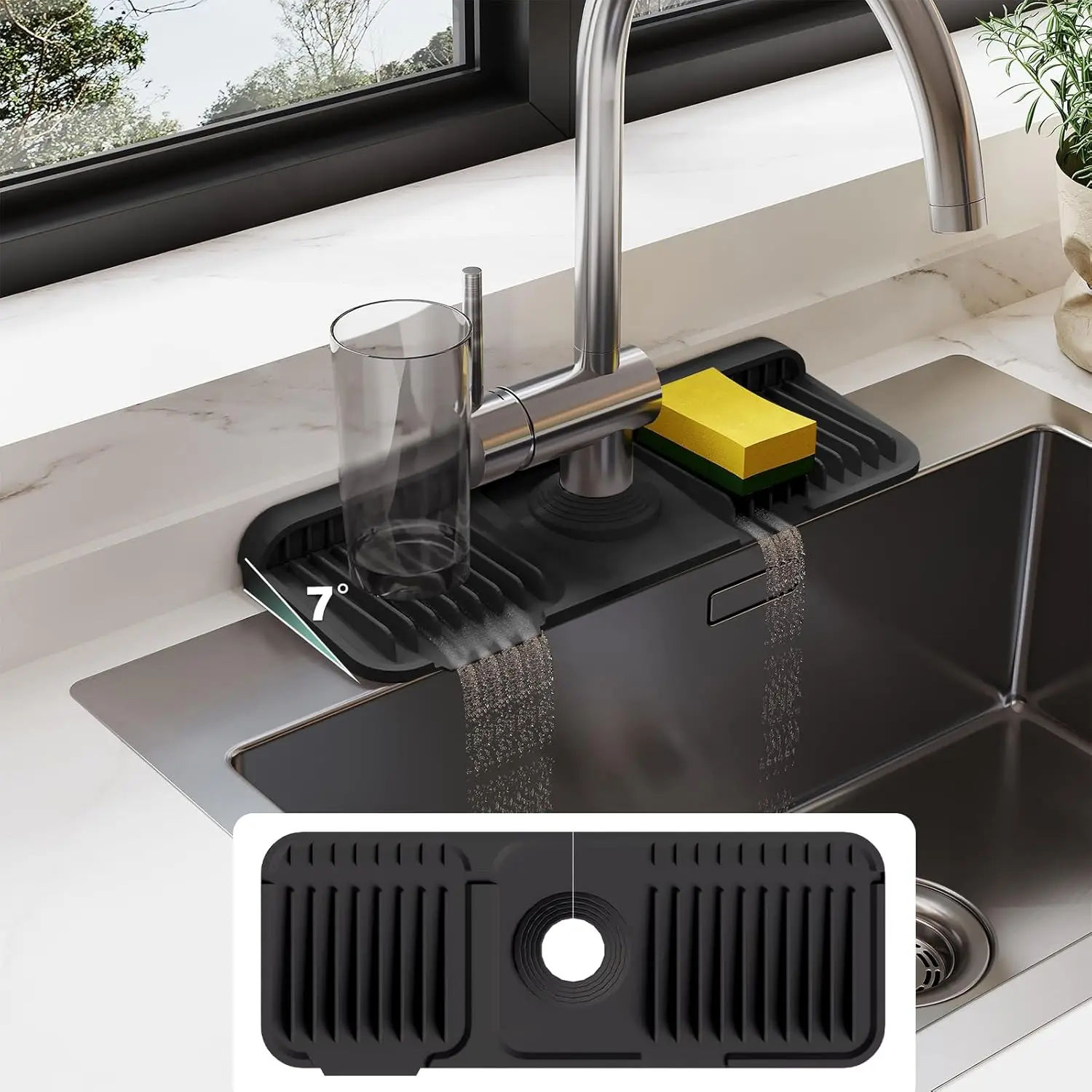 

24" Silicone Faucet Mat for Kitchen Sink Splash Guard - 7° Slope Water Draining Mat with Fasten Button, Black
