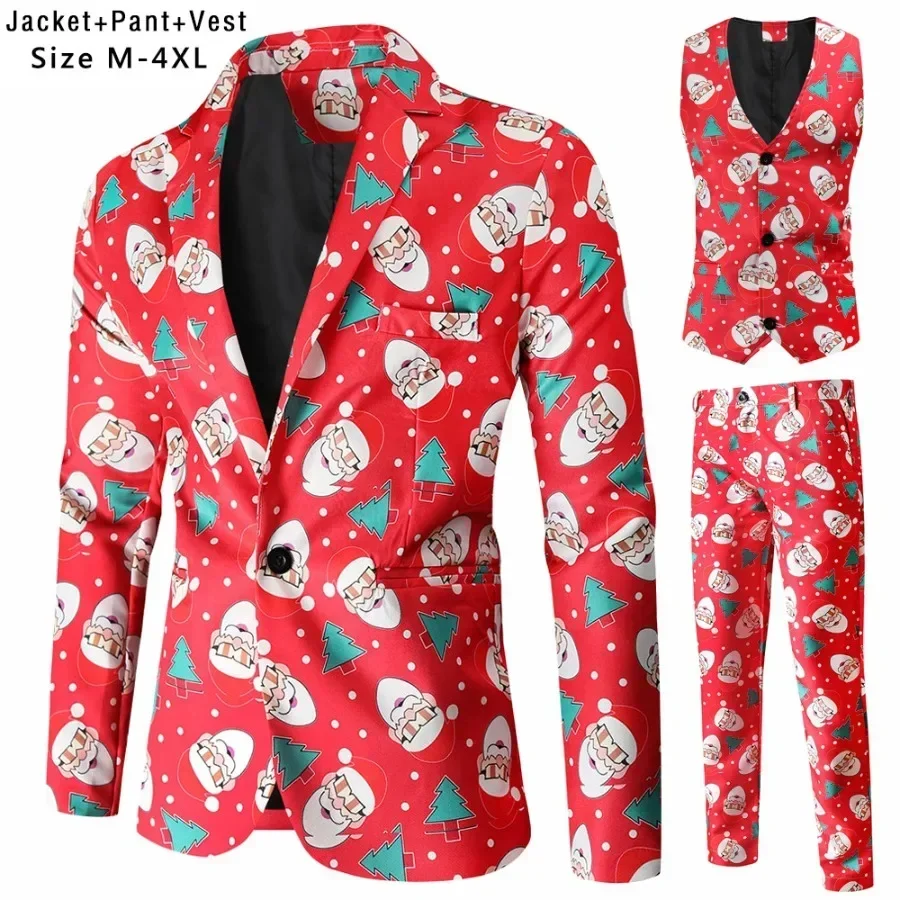 Three Pieces Christmas Suits Men Long Sleeve Blazers Winter Santa Claus Snowflake Printed Men\'s Funny Blazers Jacket+Vest+Pants