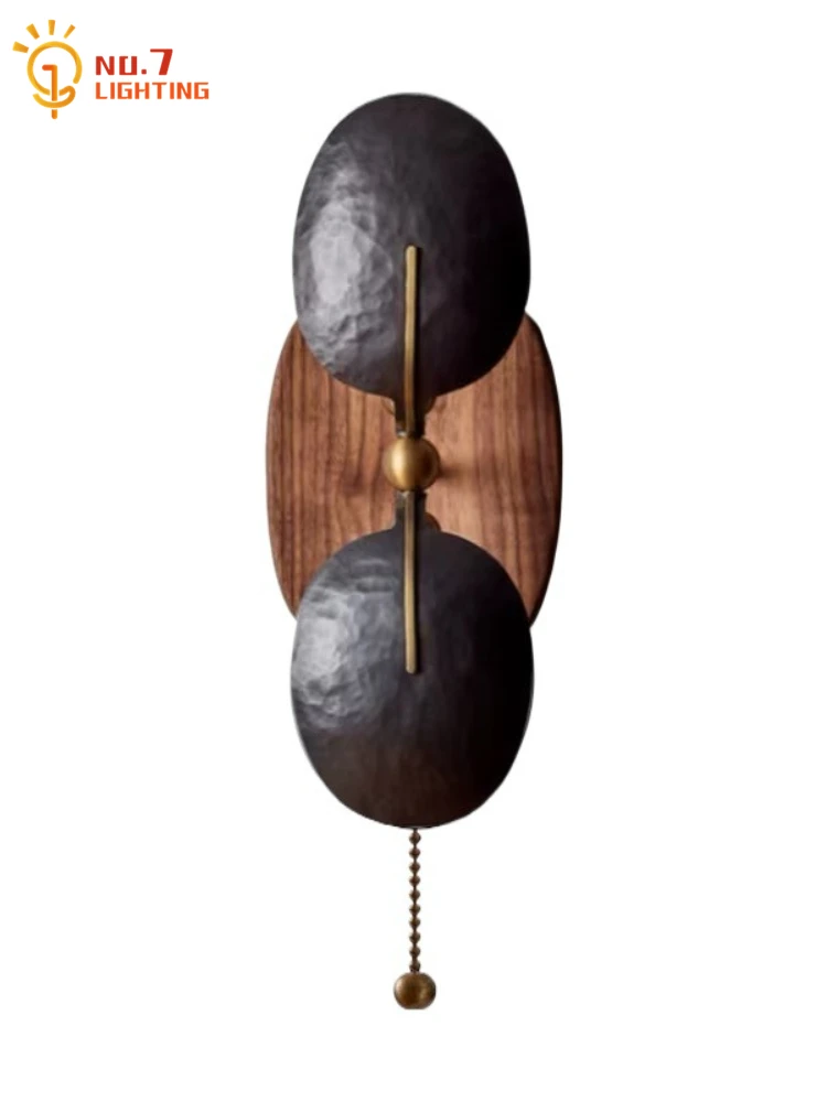 American Retro Solid Wood Copper Wall Lamp LED E27 Designer Wall Mounted Hotel Model Room Corridor Aisle Balcony Background Cafe