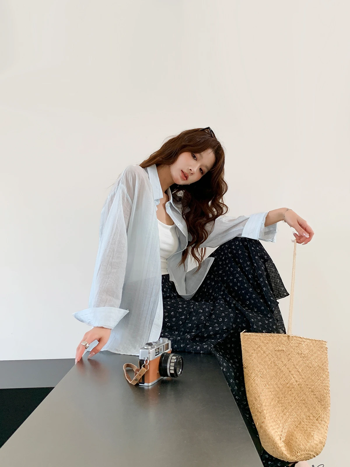 

Weekend Blue Korean Style Long Sleeve Women's Shirt Sunscreen Loose Fit Rasele Fiber Nylon Cotton Blend Spring New Arrival