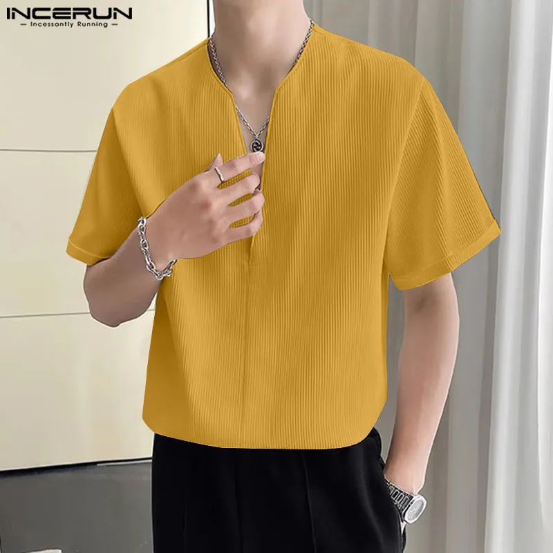 Casual Simple Style Tops INCERUN New Men\'s V-neck Texture Design T-shirt Male Streetwear Solid Short Sleeved Camiseta S-5XL 2024