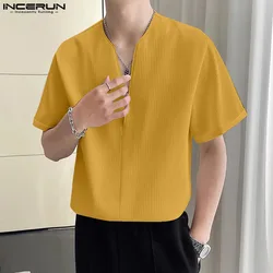 Casual Simple Style Tops INCERUN New Men's V-neck Texture Design T-shirt Male Streetwear Solid Short Sleeved Camiseta S-5XL 2024