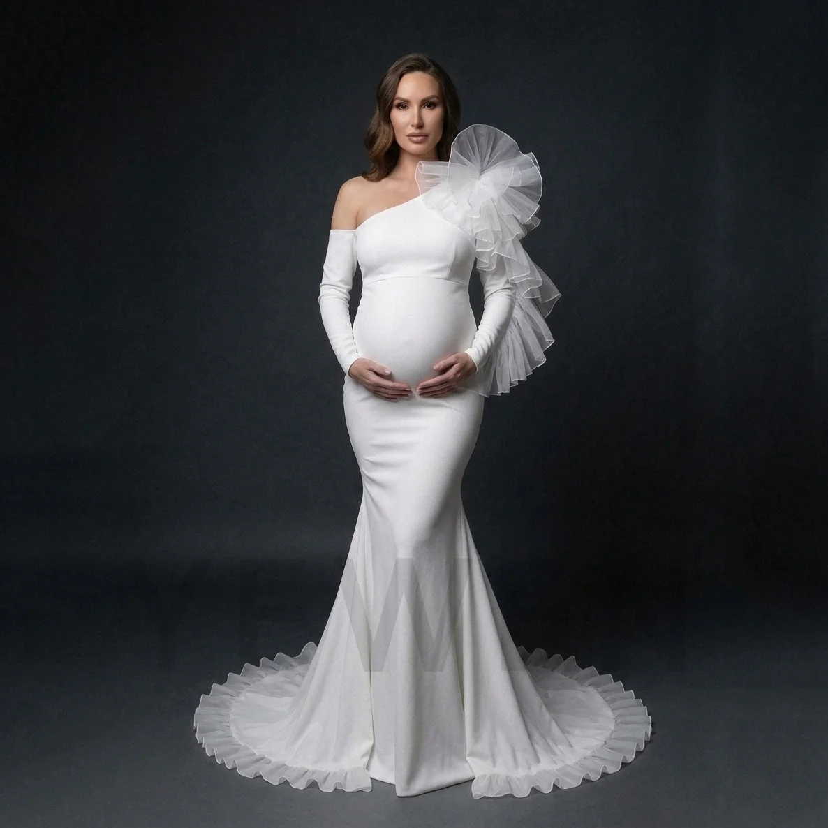 Ivory Maternity Gown Elegant Ruffled Organza Sleeve Fitted Mermaid Pregnancy Dress Photo Studio Photography Props YD261017