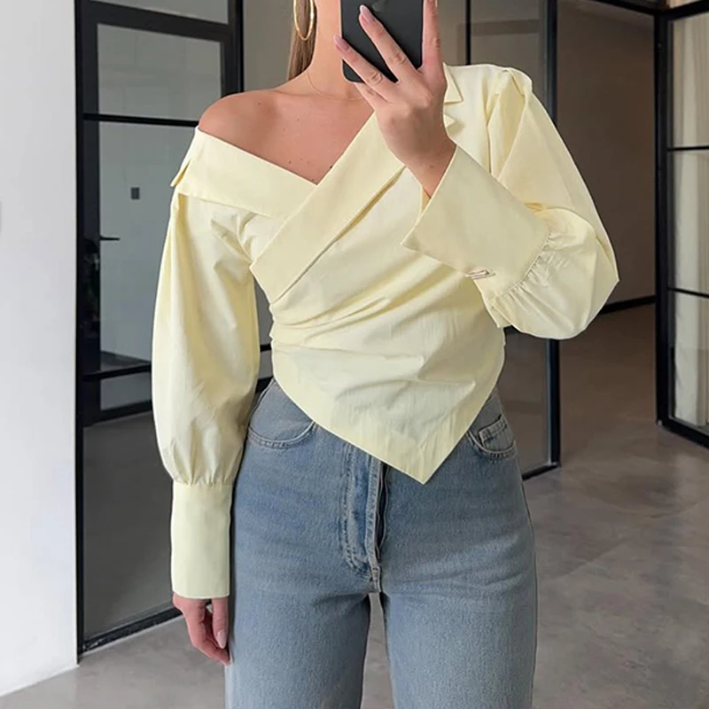 BKLD French Elegant Off-shoulder Irregular Ruched Long Sleeve Blouse Women Simple Fashion Solid Casual Shirt Out Door Streetwear