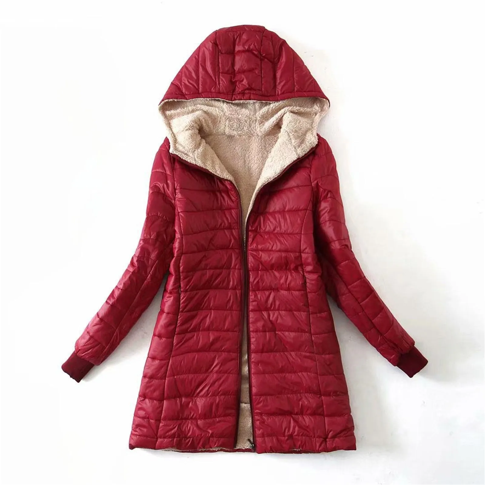 Women\'S Long Plush Lined Hooded Winter Coat Solid Plus Size Long Sleeve Zipper Down Jacket Female Winter Warm Puffer Coats