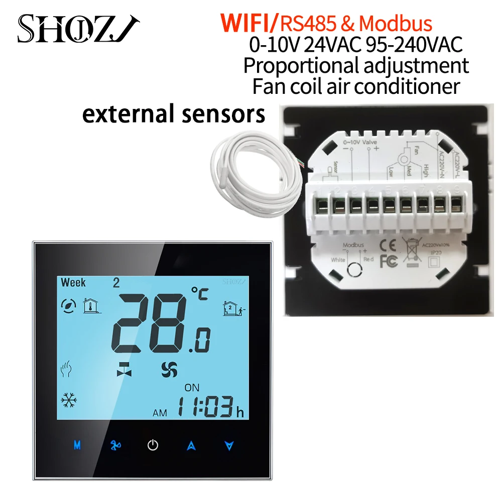 WIFI/Modbus RS485& RTU 0-10V Valve 95-240V Remotely Controls Home Temperature Control Thermostat external sensors for Fan Coil