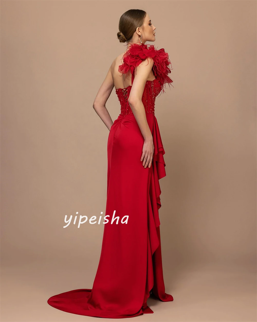 Jersey Sequined Flower Beading Feather Ruched Beach A-line One-shoulder Bespoke Occasion Gown Long Dresses