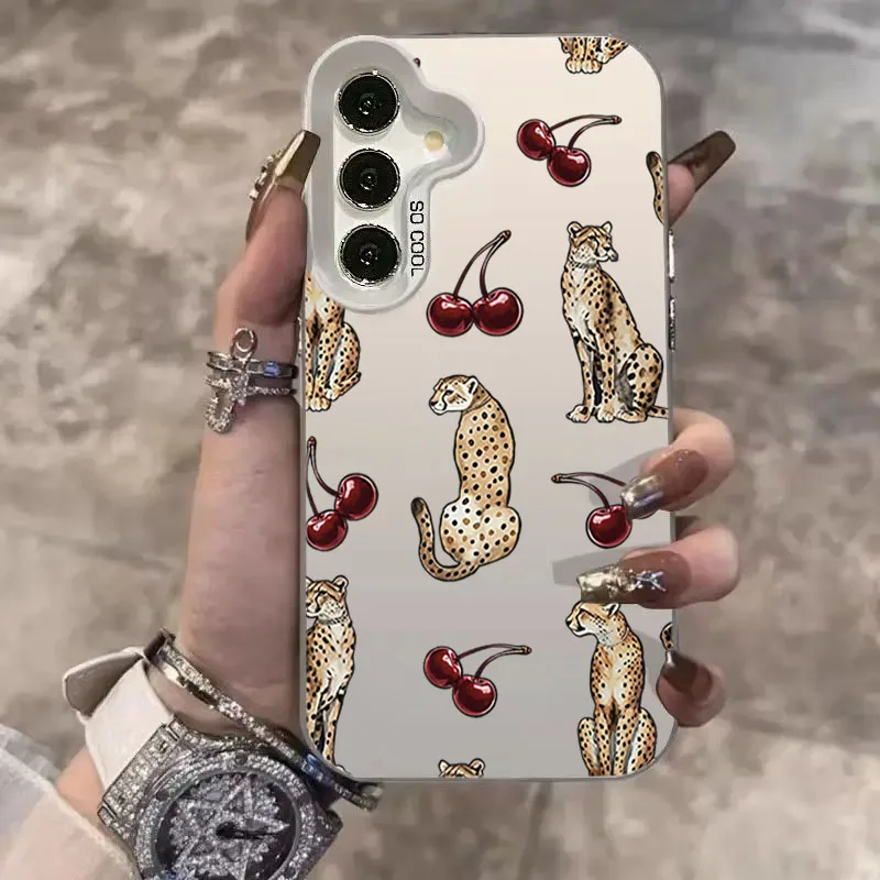 Coque de téléphone Laser Design léopard cerise, étui pour Samsung Galaxy S25 FE S24 Ultra S23 S22 Plus A56 A55 A54 A53 A36 A26 A16