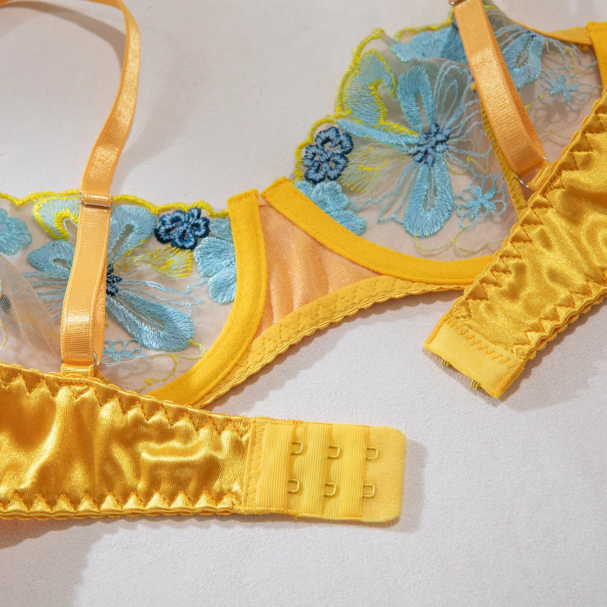 Yellow Multi-color Embroidery Sexy  See Through Mesh Two Piece Lingerie Set Perspective Lingerie Lace Bra G-String Underwear