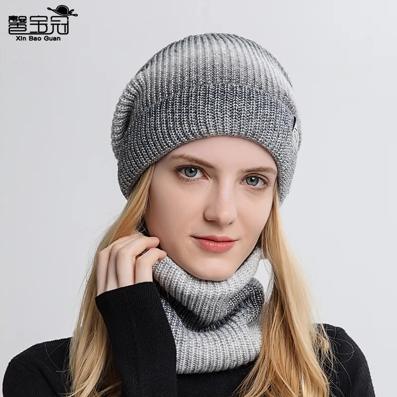 Autumn Winter Women Men Gradual Change Color Wool Hats Thickened Warm Ear Protection Neck-protection Knitted Hat Two-piece Set
