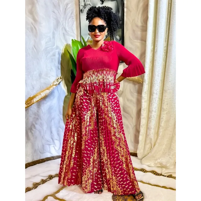 ผู้หญิงหรูหราชุดราตรี Miyake จีบทองแขนยาวชุดแอฟริกันพรหมอาหารค่ําอย่างเป็นทางการขนาดใหญ่ Elegant เสื้อผ้าขนาดใหญ่ความยืดหยุ่น