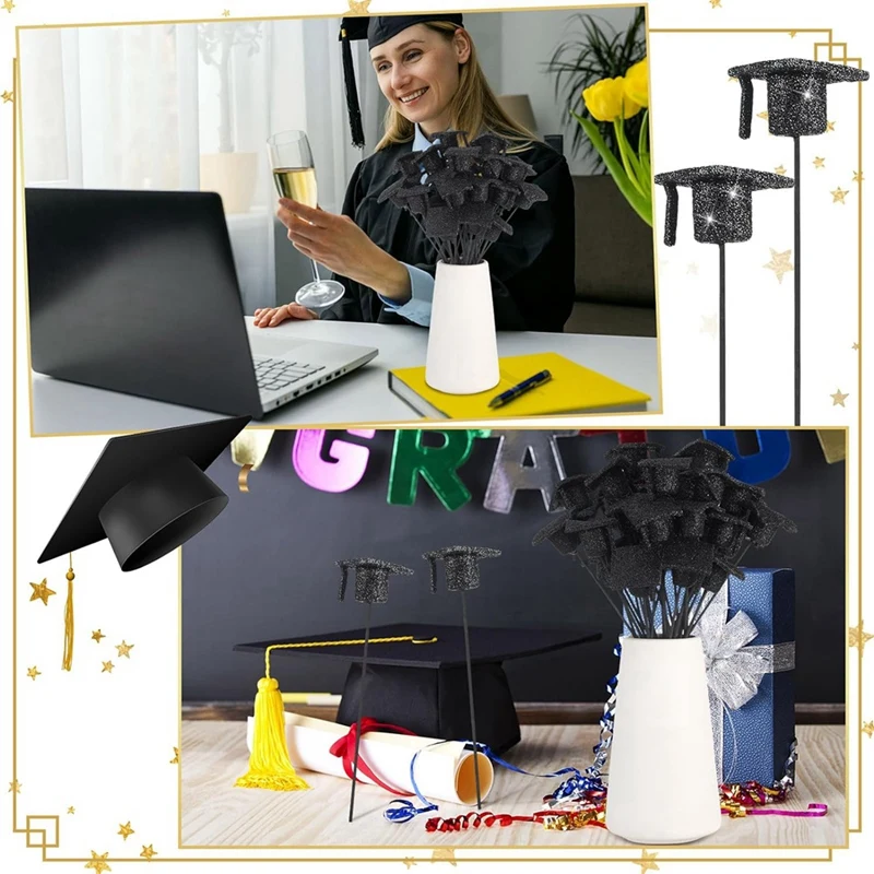 ABHS-36 Pcs Graduation Cap Glitter Picks Foam Hat Picks For Grad Party Table Centerpiece Vase Filler Decoration view 3