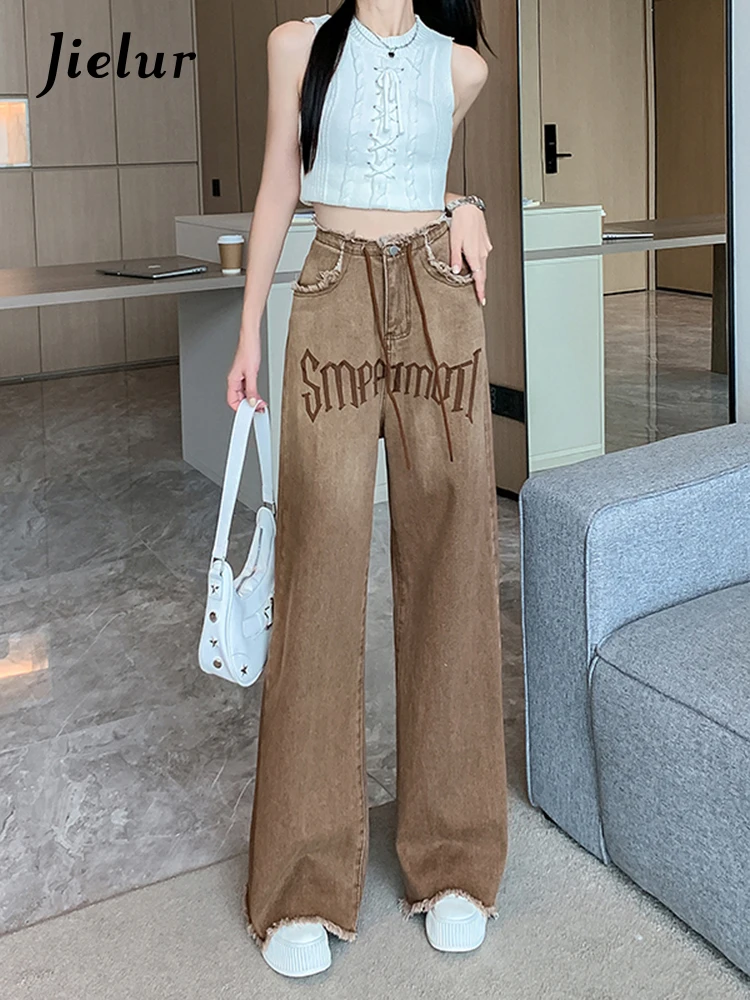 

Jielur Casual Retro Drawstring Straight Jeans Women Summer High-waisted Wide-leg Denim Trousers Brown Korean Style Jeans Female