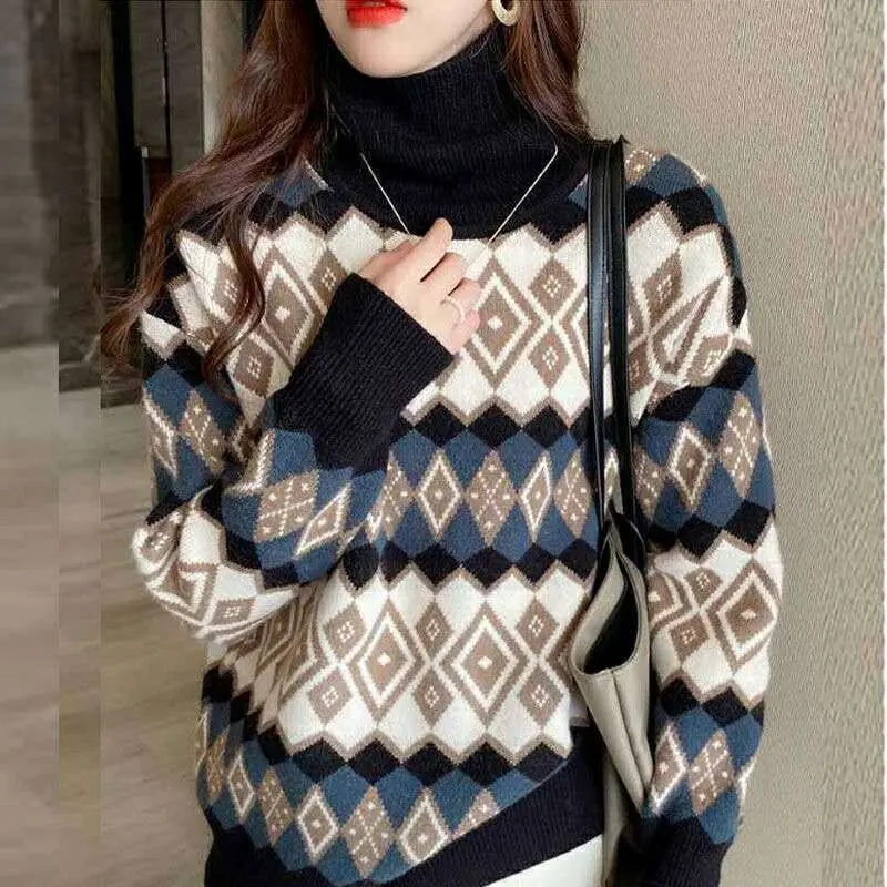 

Retro Jacquard High Neck Sweater for Women Loose and Lazy Style Versatile Artistic and Casual Knitted Top