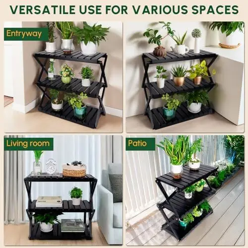 Acacia Plant Stand Indoor, Wooden Outdoor Stand, Foldable Stand, 3 Tier Conner Space Flower Stand